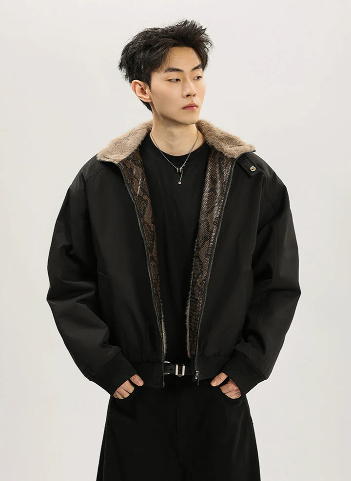 Faux Fur Lined Bomber Jacket with Snakeskin Detail - Image 10