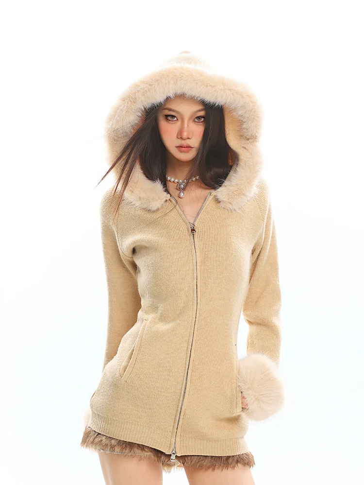 Faux Fur Trim Hooded Zip-Up Knit Jacket - Image 10