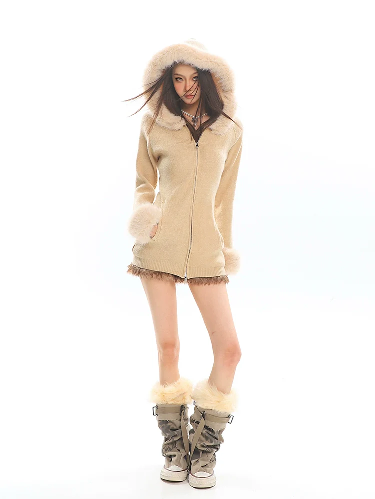 Faux Fur Trim Hooded Zip-Up Knit Jacket - Image 15