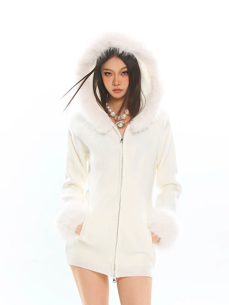 Faux Fur Trim Hooded Zip-Up Knit Jacket - Image 2