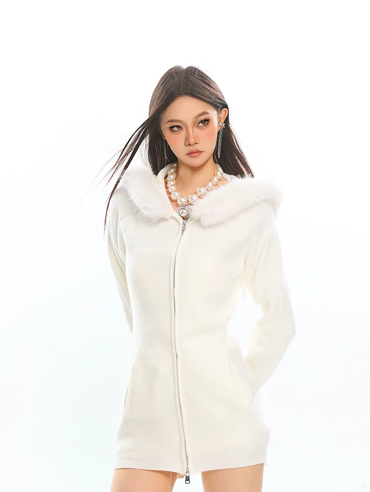 Faux Fur Trim Hooded Zip-Up Knit Jacket - Image 4