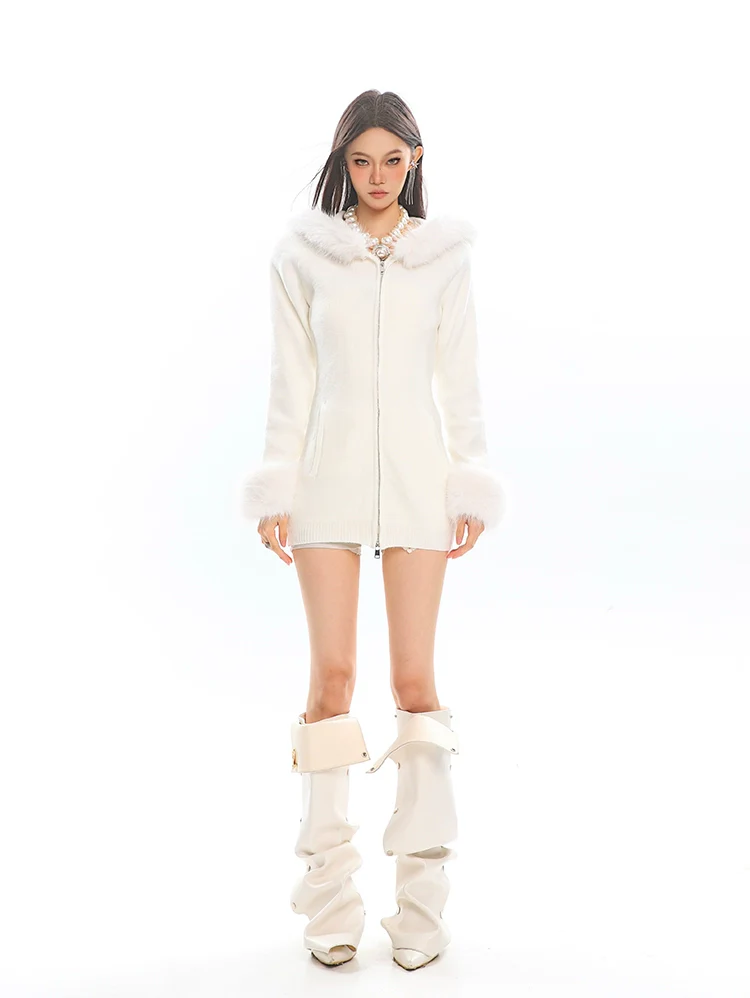 Faux Fur Trim Hooded Zip-Up Knit Jacket - Image 6