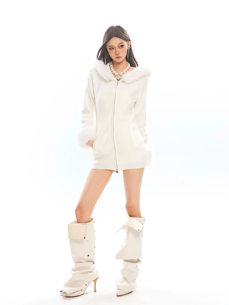 Faux Fur Trim Hooded Zip-Up Knit Jacket - Image 7