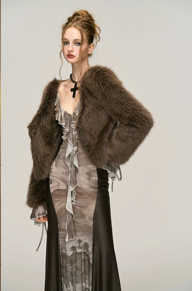 Faux Fur V-Neck Short Coat - Image 4