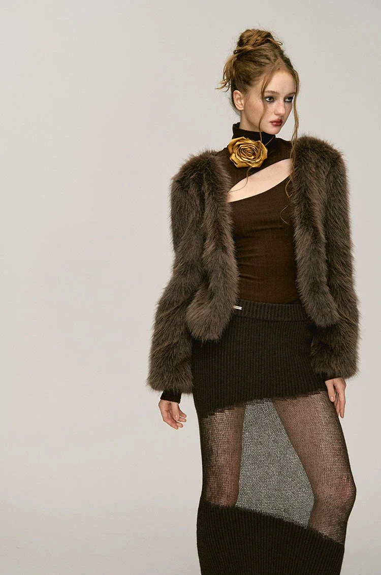 Faux Fur V-Neck Short Coat - Image 5