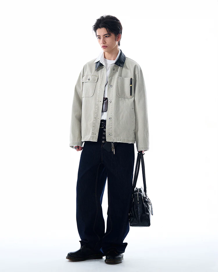 Faux Leather Collar Distressed Denim Worker Jacket - Image 11