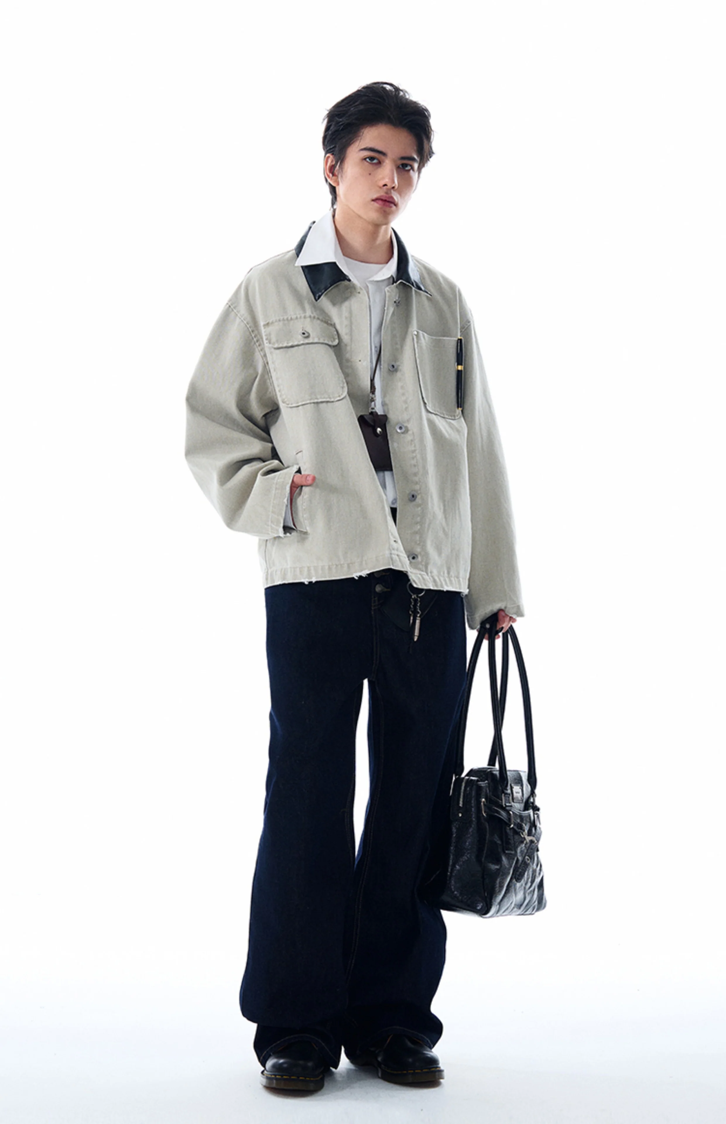 Faux Leather Collar Distressed Denim Worker Jacket - Image 13