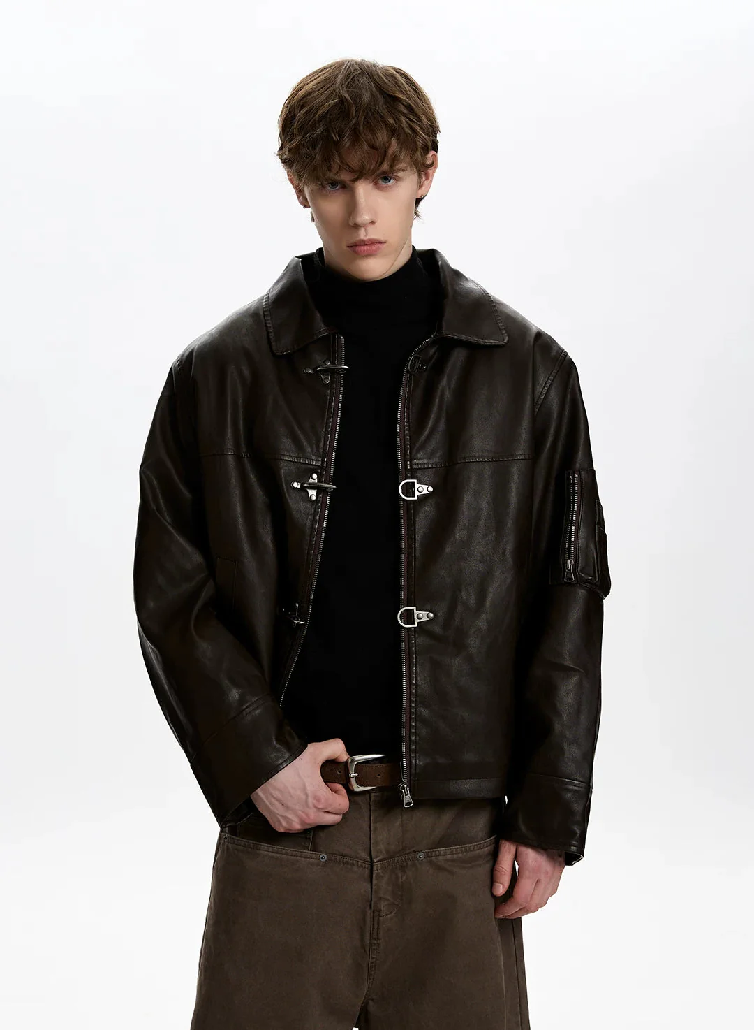 Faux Leather Fireman Buckle Zip Jacket with Sleeve Pocket