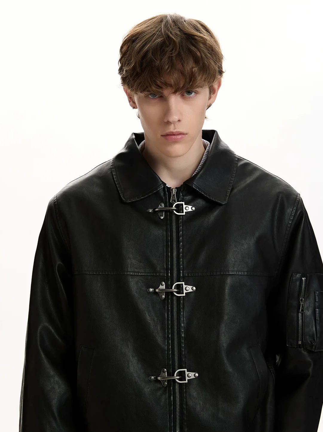 Faux Leather Fireman Buckle Zip Jacket with Sleeve Pocket - Image 10