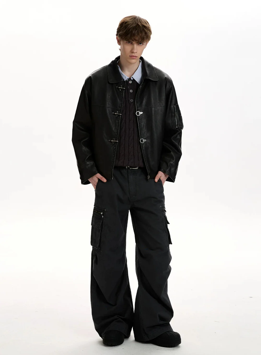 Faux Leather Fireman Buckle Zip Jacket with Sleeve Pocket - Image 11