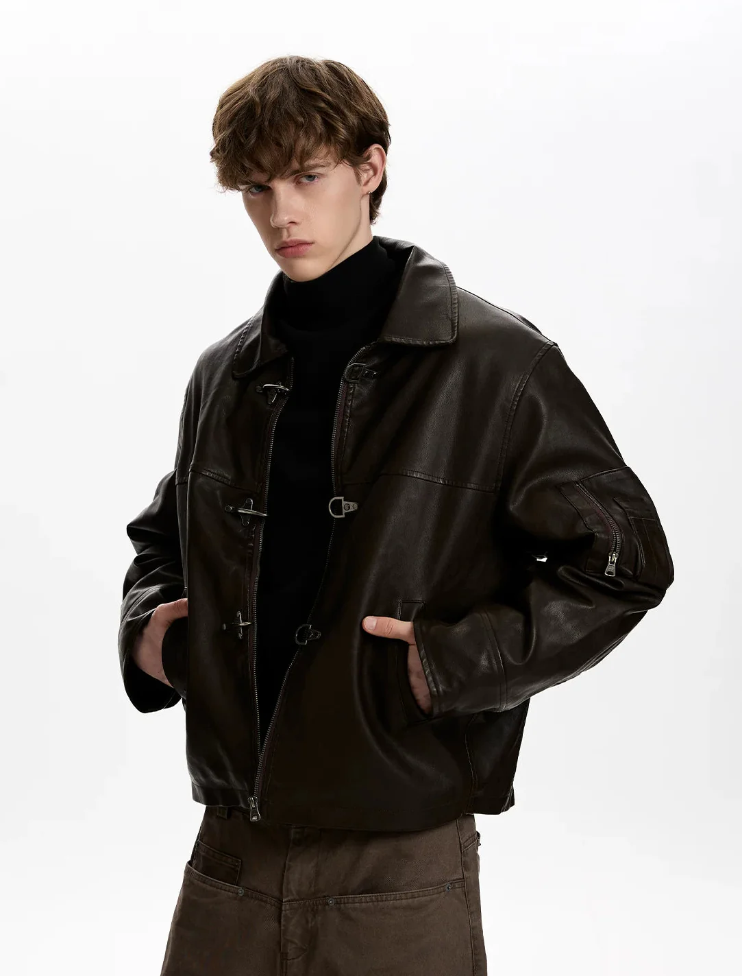 Faux Leather Fireman Buckle Zip Jacket with Sleeve Pocket - Image 2