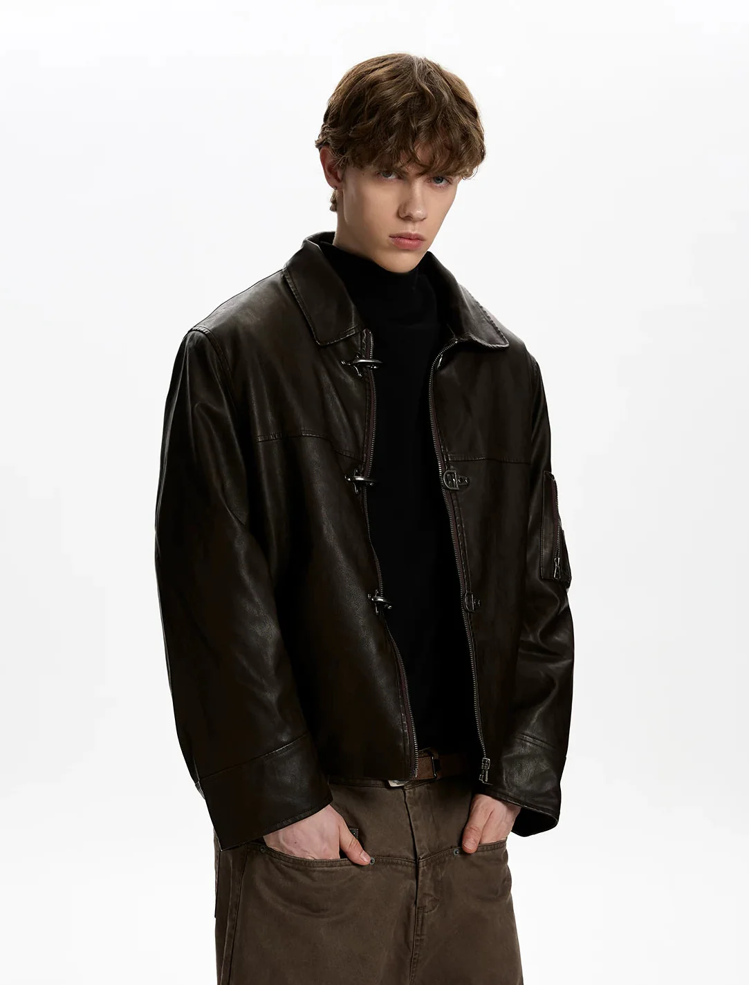 Faux Leather Fireman Buckle Zip Jacket with Sleeve Pocket - Image 3