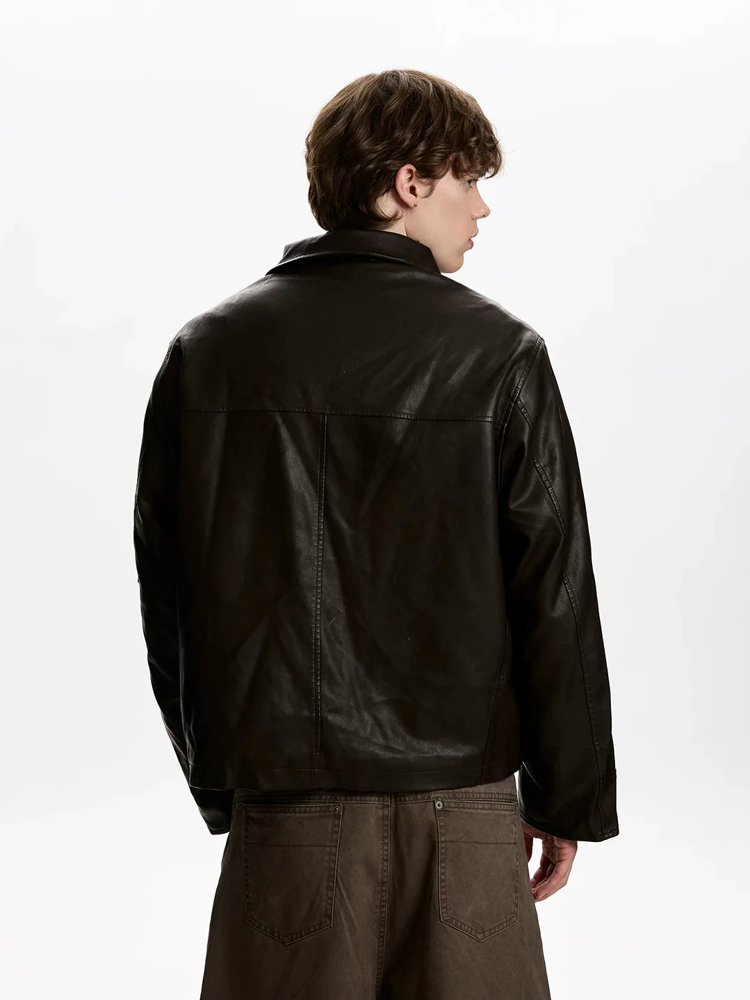 Faux Leather Fireman Buckle Zip Jacket with Sleeve Pocket - Image 4