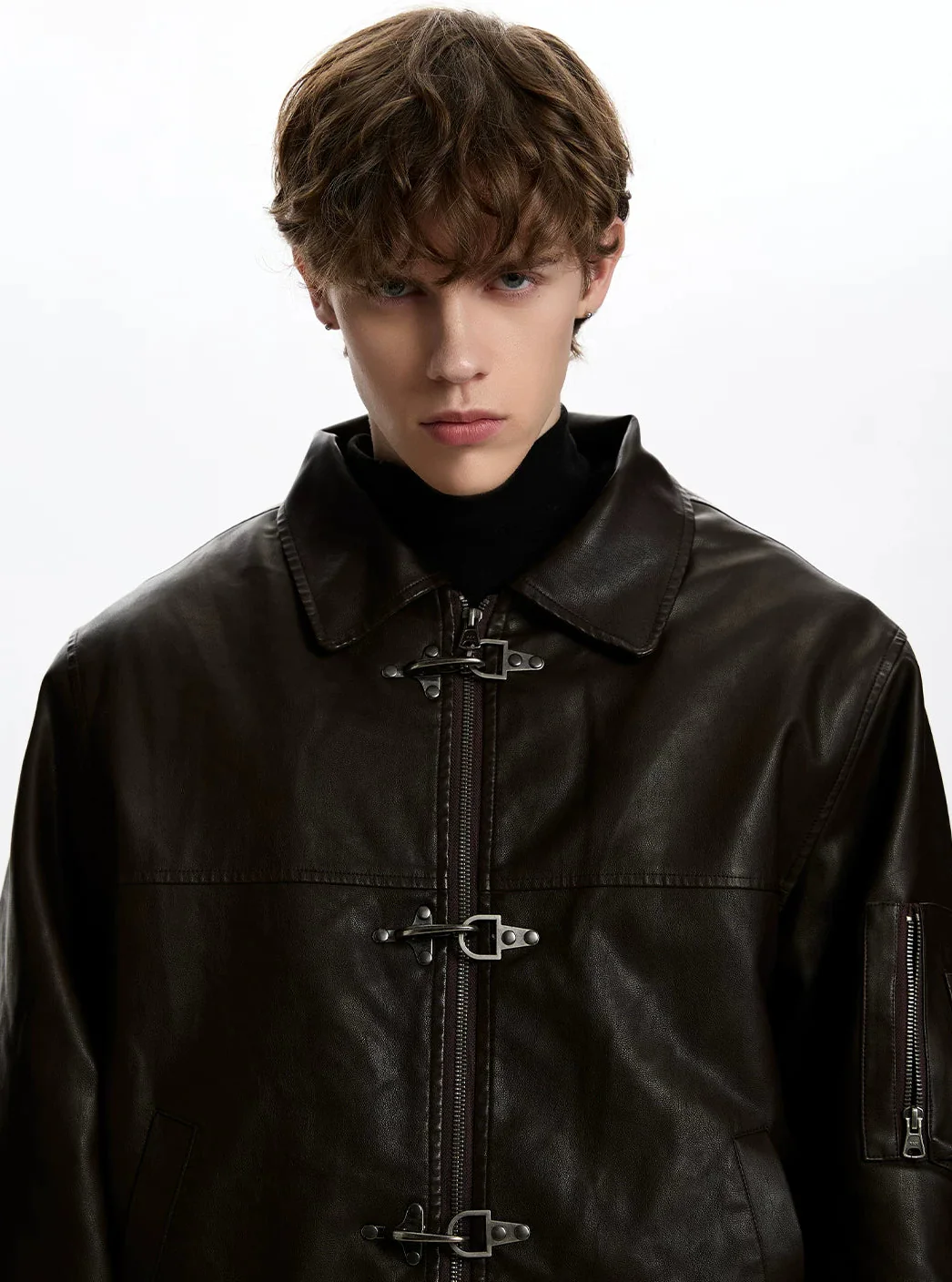 Faux Leather Fireman Buckle Zip Jacket with Sleeve Pocket - Image 5