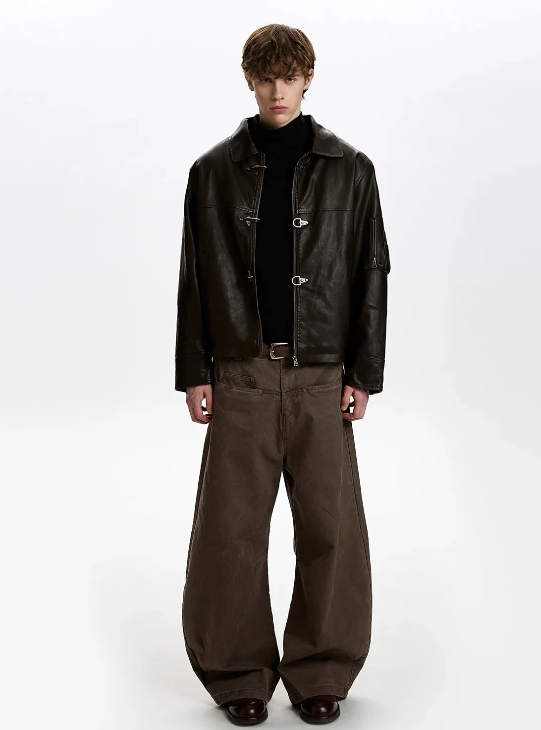 Faux Leather Fireman Buckle Zip Jacket with Sleeve Pocket - Image 6