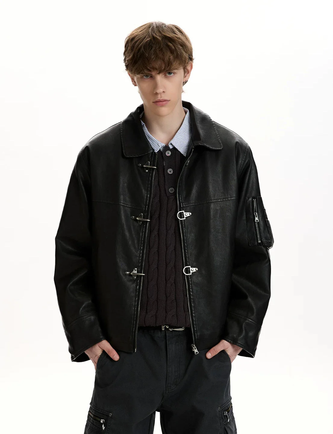 Faux Leather Fireman Buckle Zip Jacket with Sleeve Pocket - Image 7