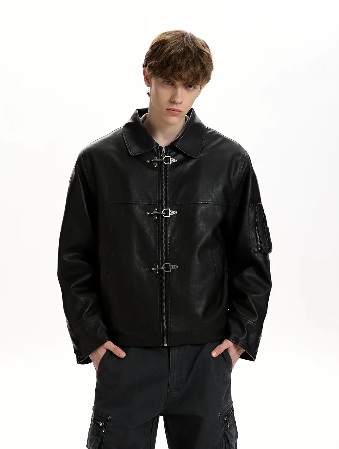 Faux Leather Fireman Buckle Zip Jacket with Sleeve Pocket - Image 8