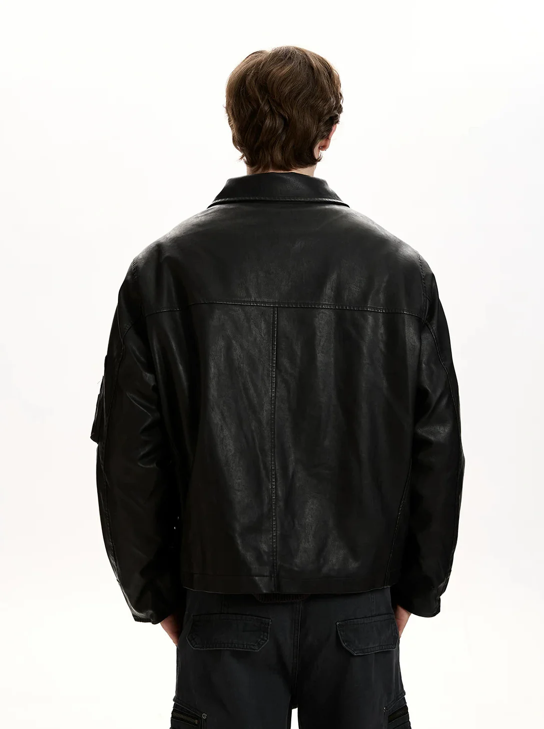 Faux Leather Fireman Buckle Zip Jacket with Sleeve Pocket - Image 9