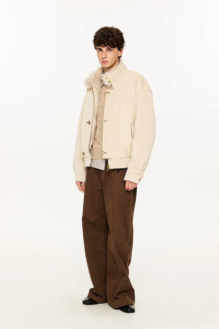 Faux Leather High Collar Fur-Lined Fireman Clasp Jacket - Image 3