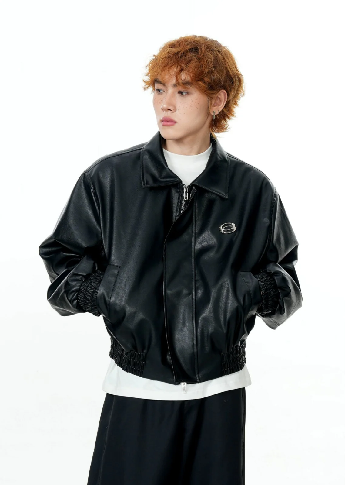 Faux Leather Mid Crop Jacket with Metallic Logo - Image 7