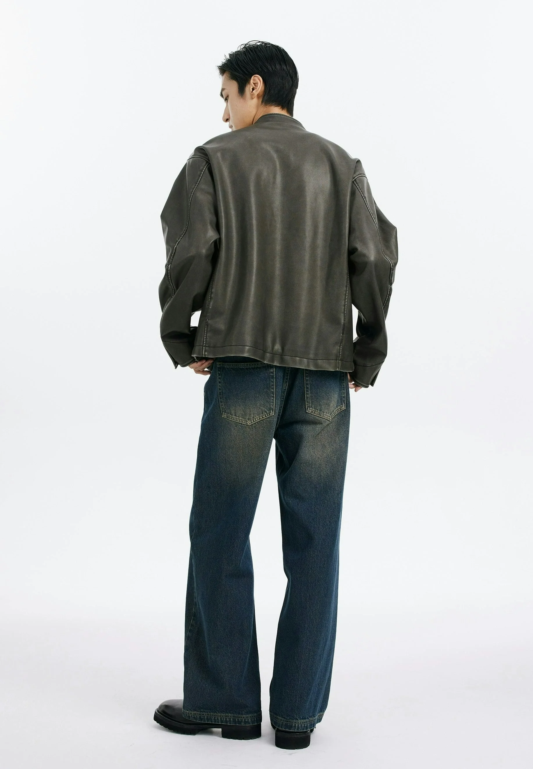 Faux Leather Mid-Crop Racer Jacket with Zipped Pockets - Image 10