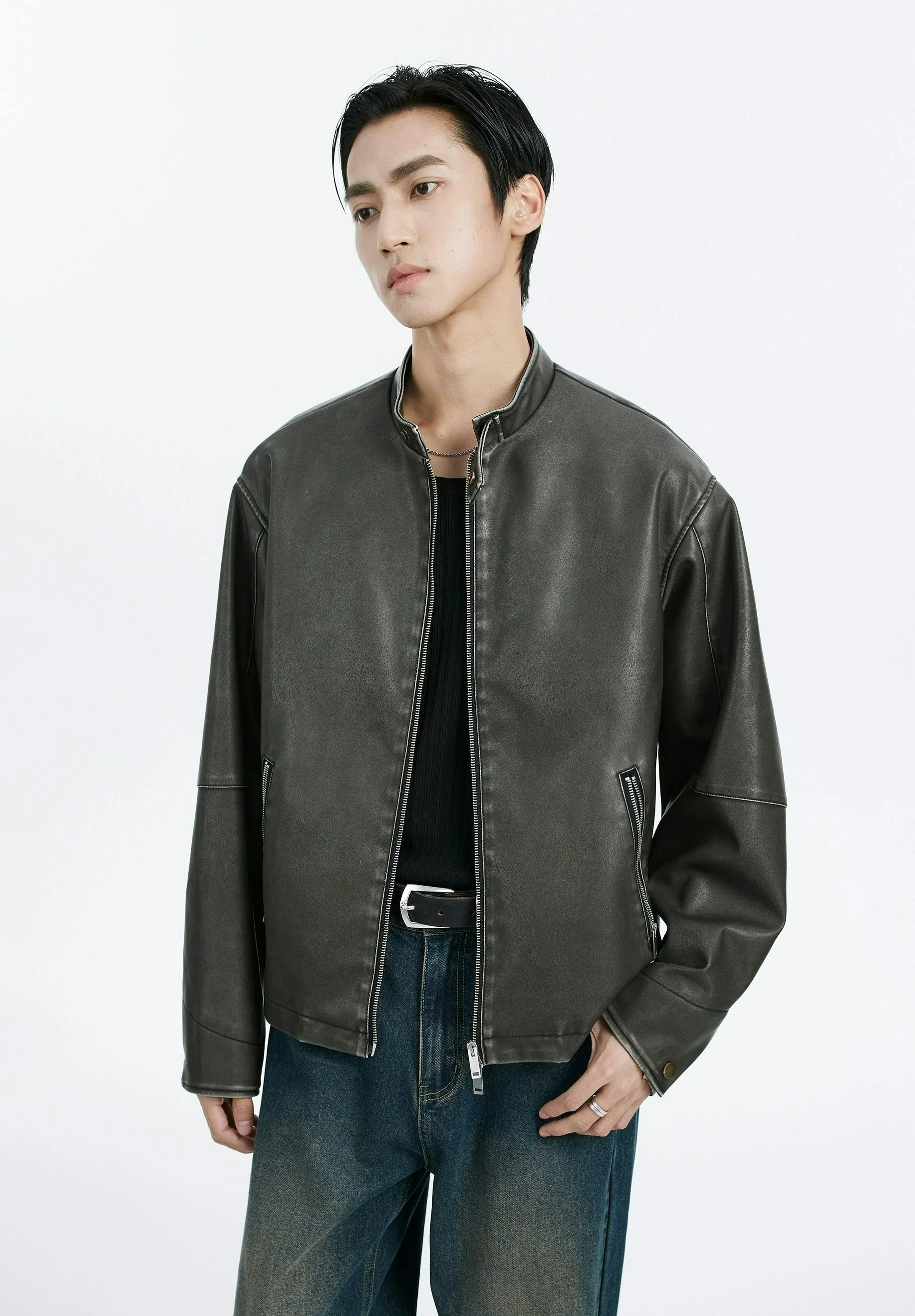 Faux Leather Mid-Crop Racer Jacket with Zipped Pockets - Image 3