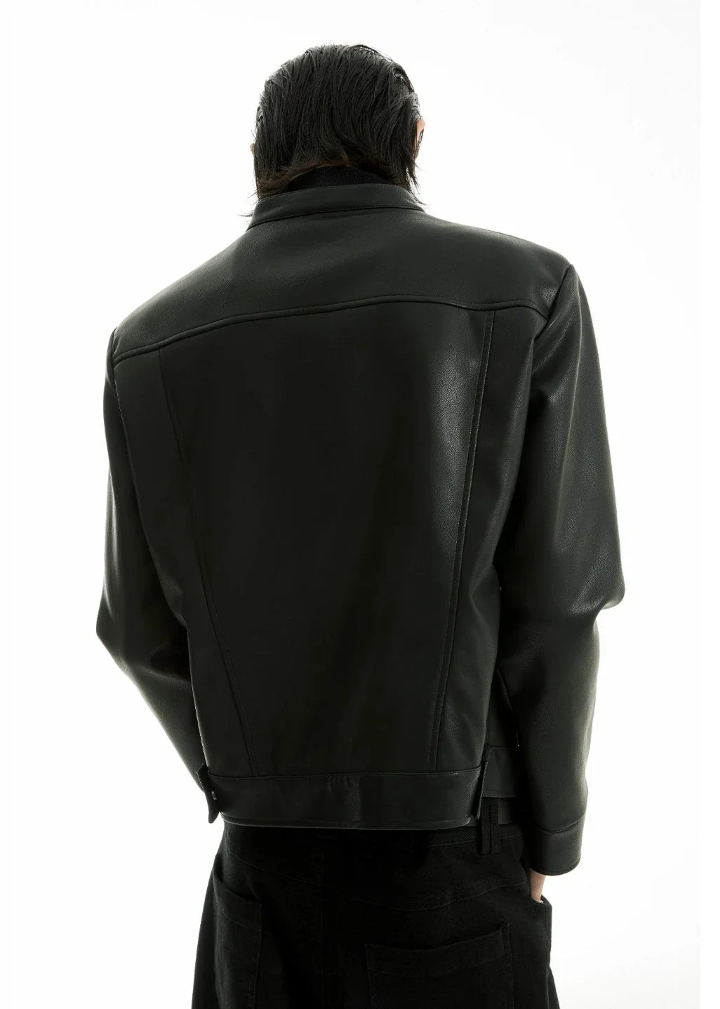 Faux Leather Racer Jacket with Curved Zip Details - Image 7