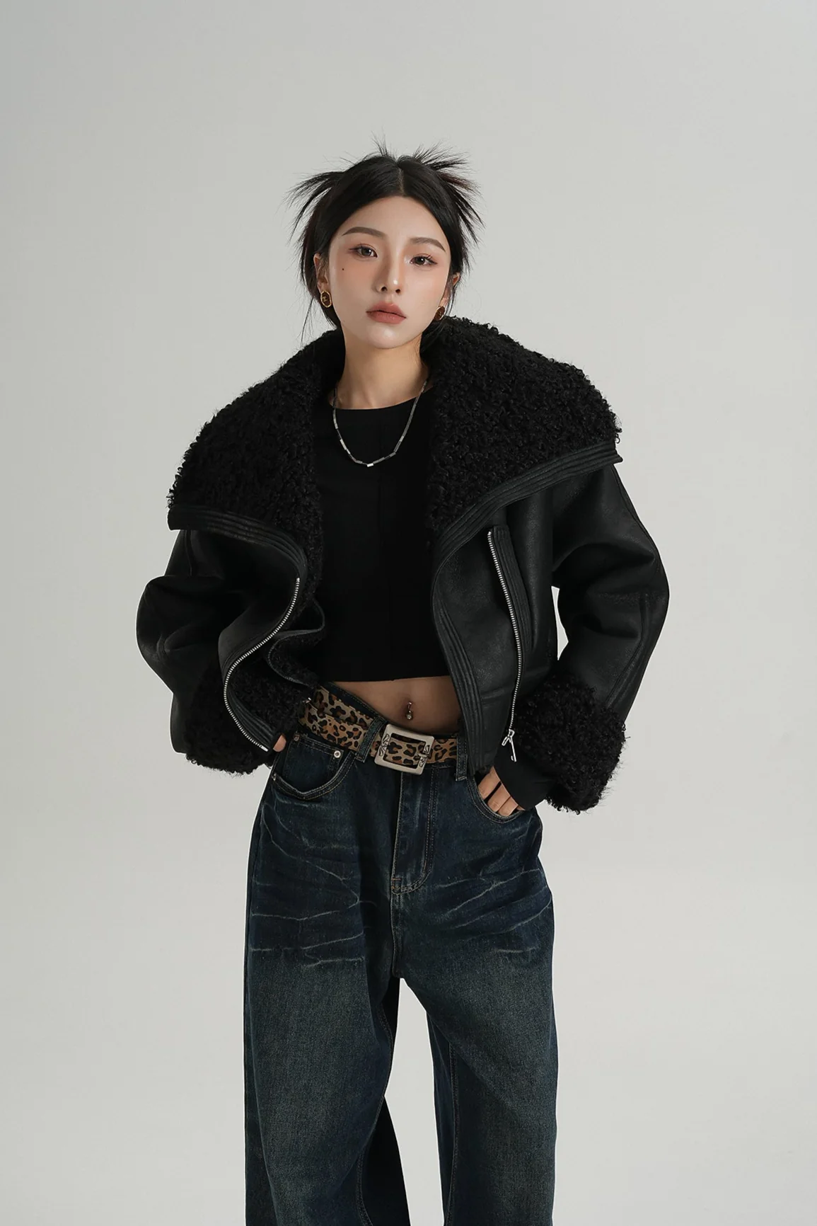 Faux Leather Shearling Lined Oversized Biker Jacket - Image 2