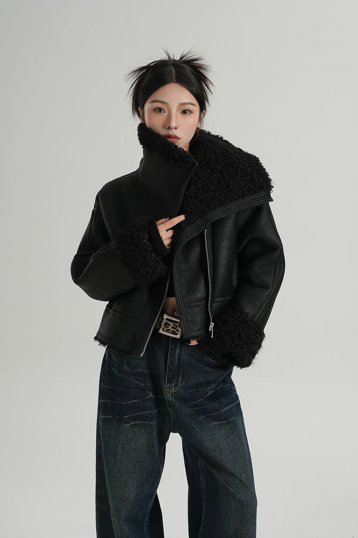 Faux Leather Shearling Lined Oversized Biker Jacket - Image 3