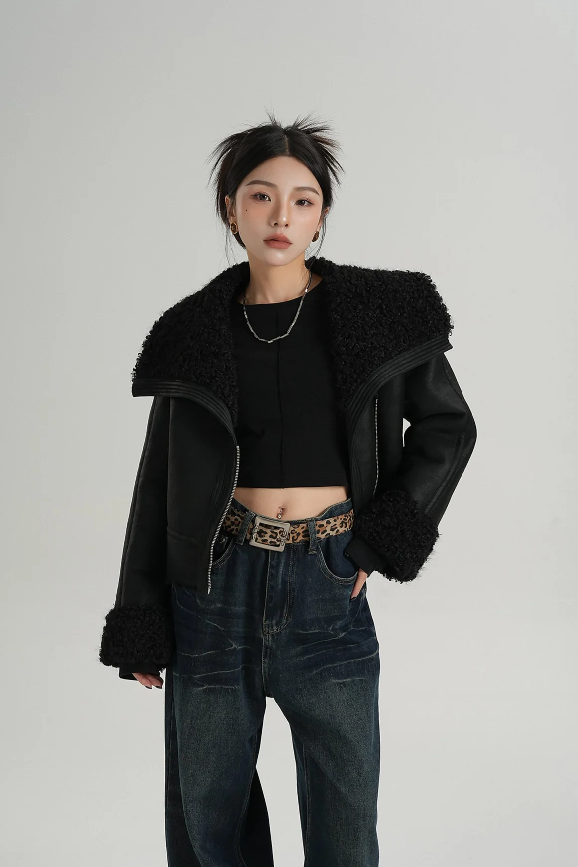 Faux Leather Shearling Lined Oversized Biker Jacket - Image 4