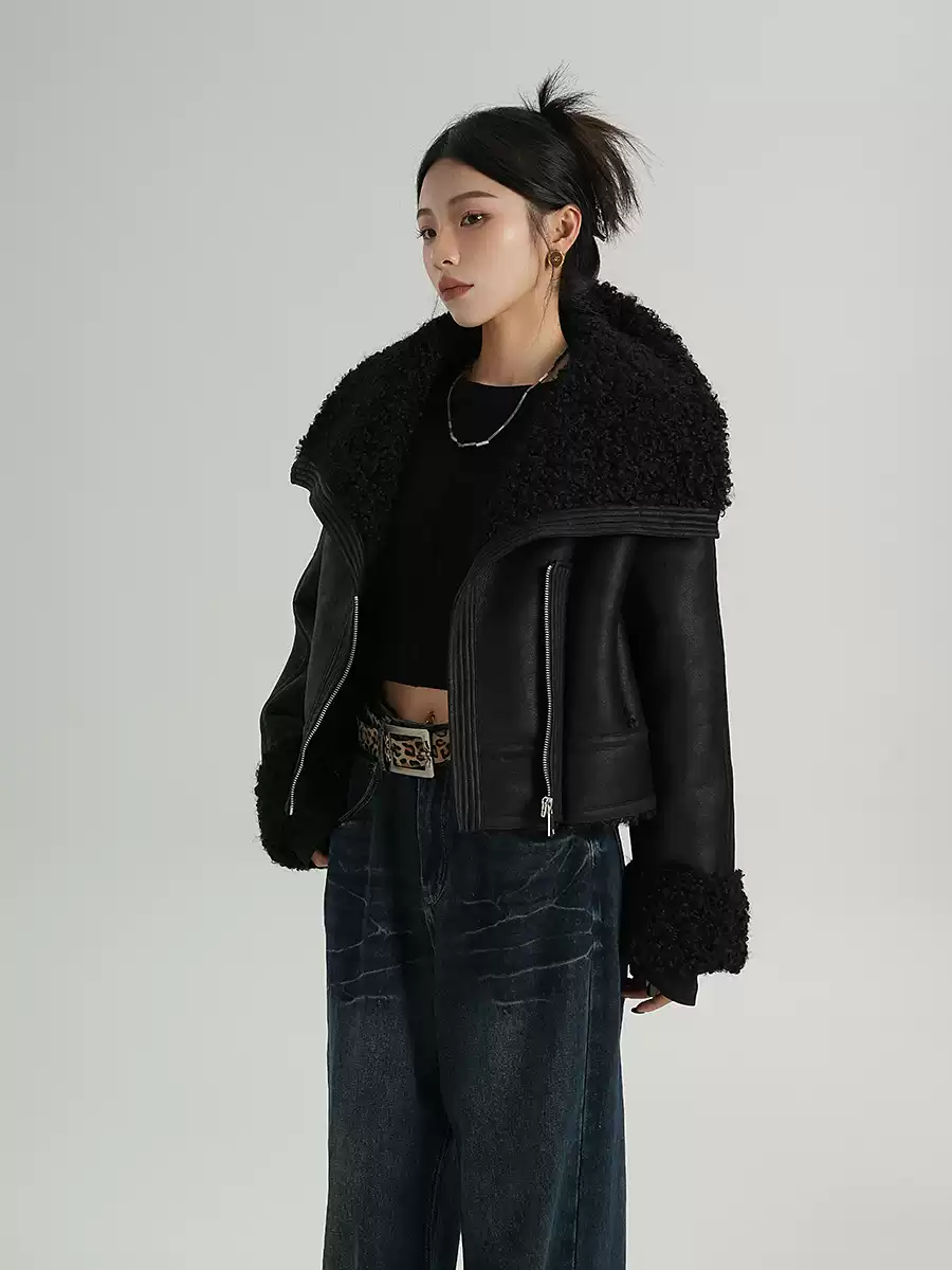 Faux Leather Shearling Lined Oversized Biker Jacket - Image 5