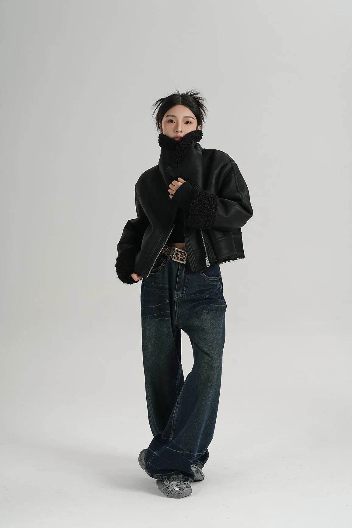 Faux Leather Shearling Lined Oversized Biker Jacket - Image 6