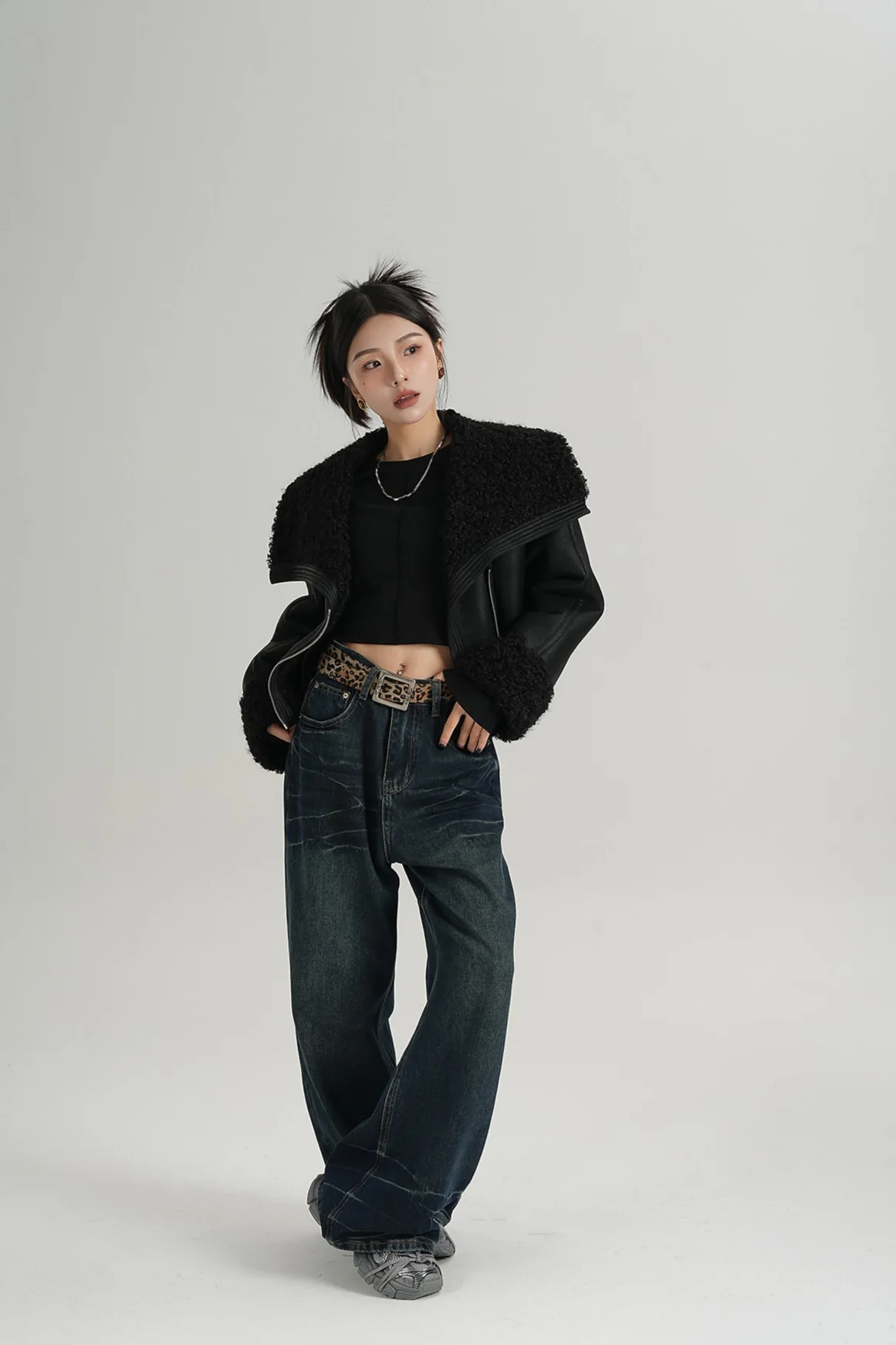 Faux Leather Shearling Lined Oversized Biker Jacket - Image 7