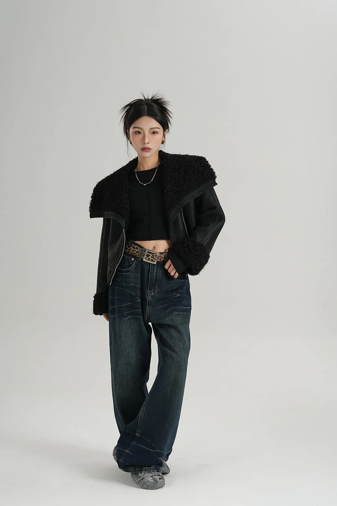 Faux Leather Shearling Lined Oversized Biker Jacket - Image 8