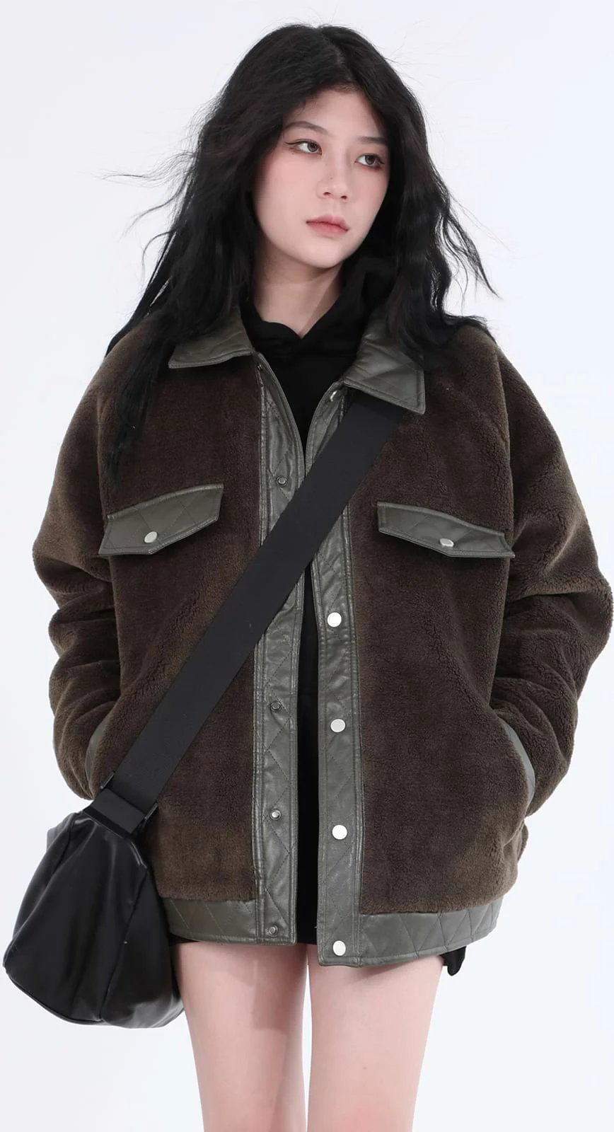 Faux Leather Trim Oversized Button Jacket - Image 5