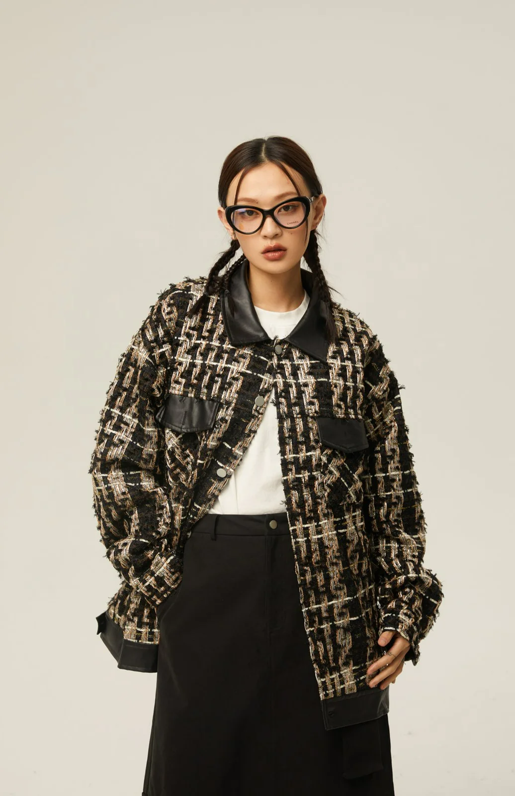 Faux Leather Trim Oversized Tweed Jacket - Image 2