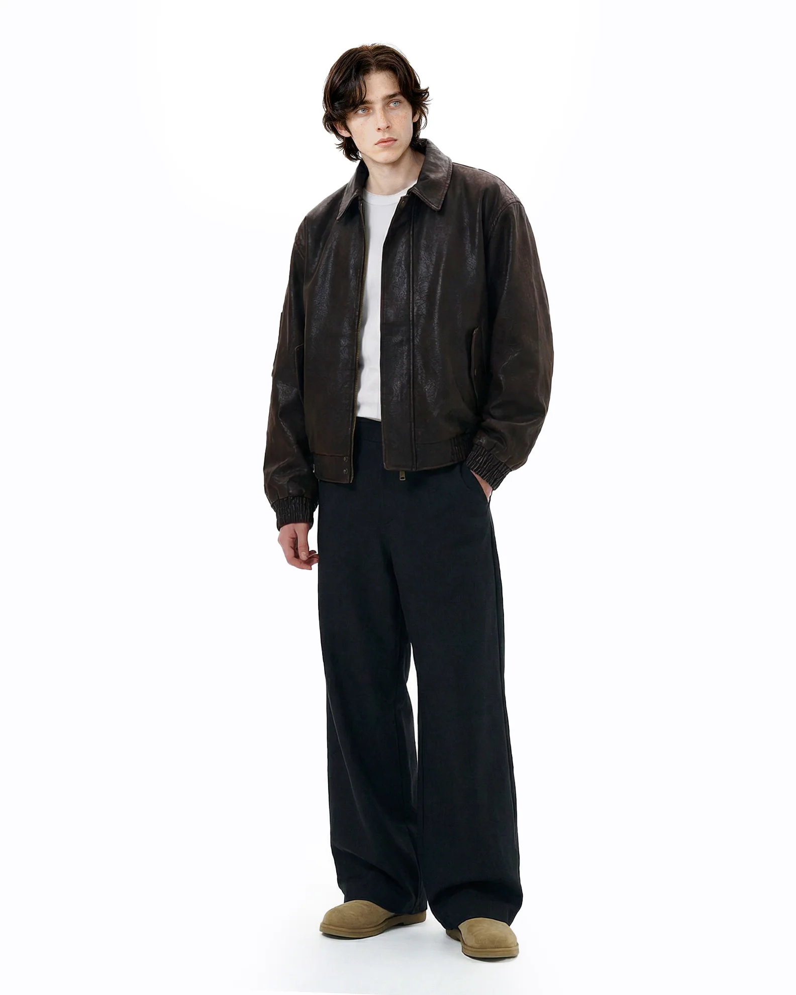 Faux Leather Vintage-Effect Collared Bomber Jacket - Image 5