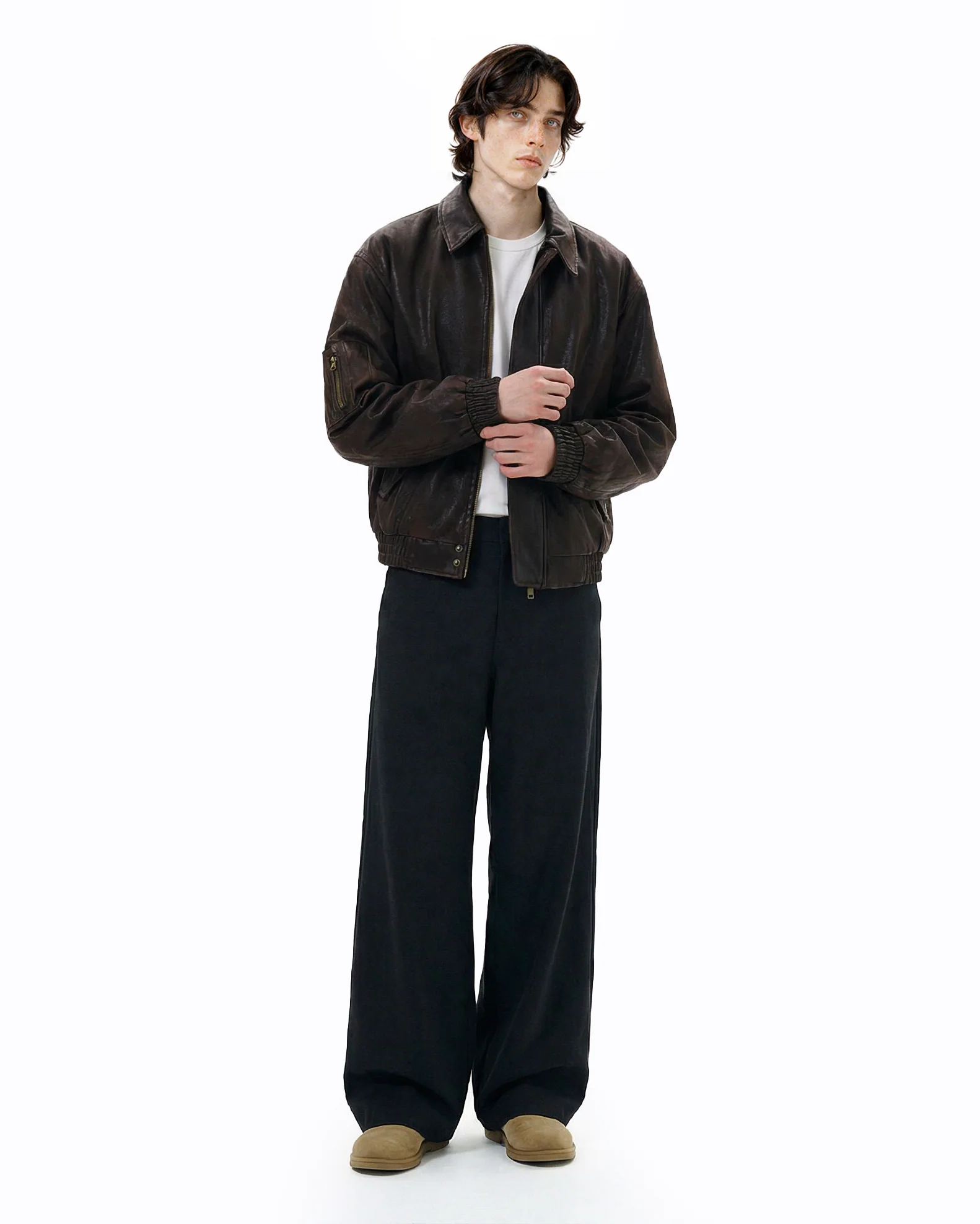 Faux Leather Vintage-Effect Collared Bomber Jacket - Image 6