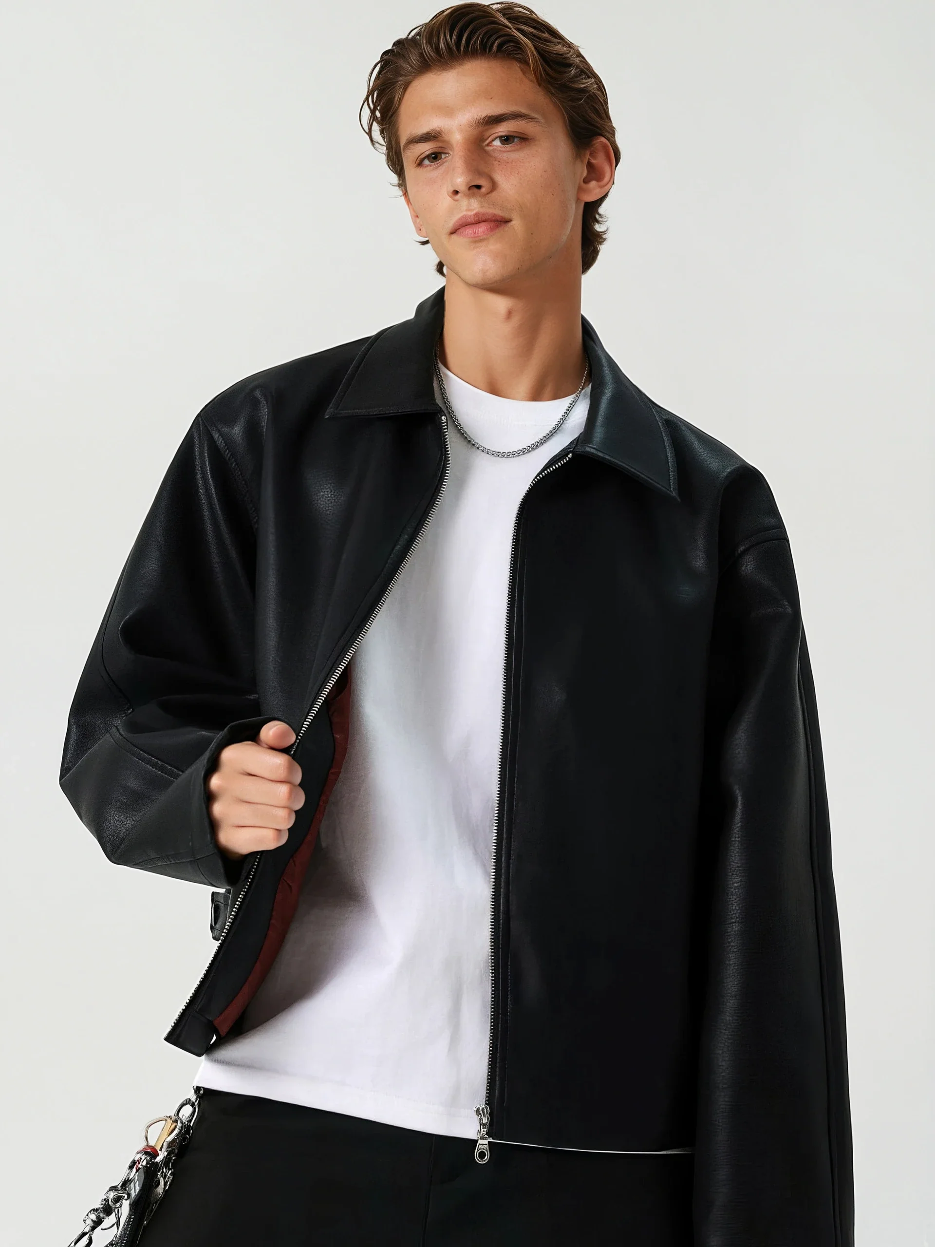 Faux Leather Zip-Up Mid Crop Collared Jacket - Image 4