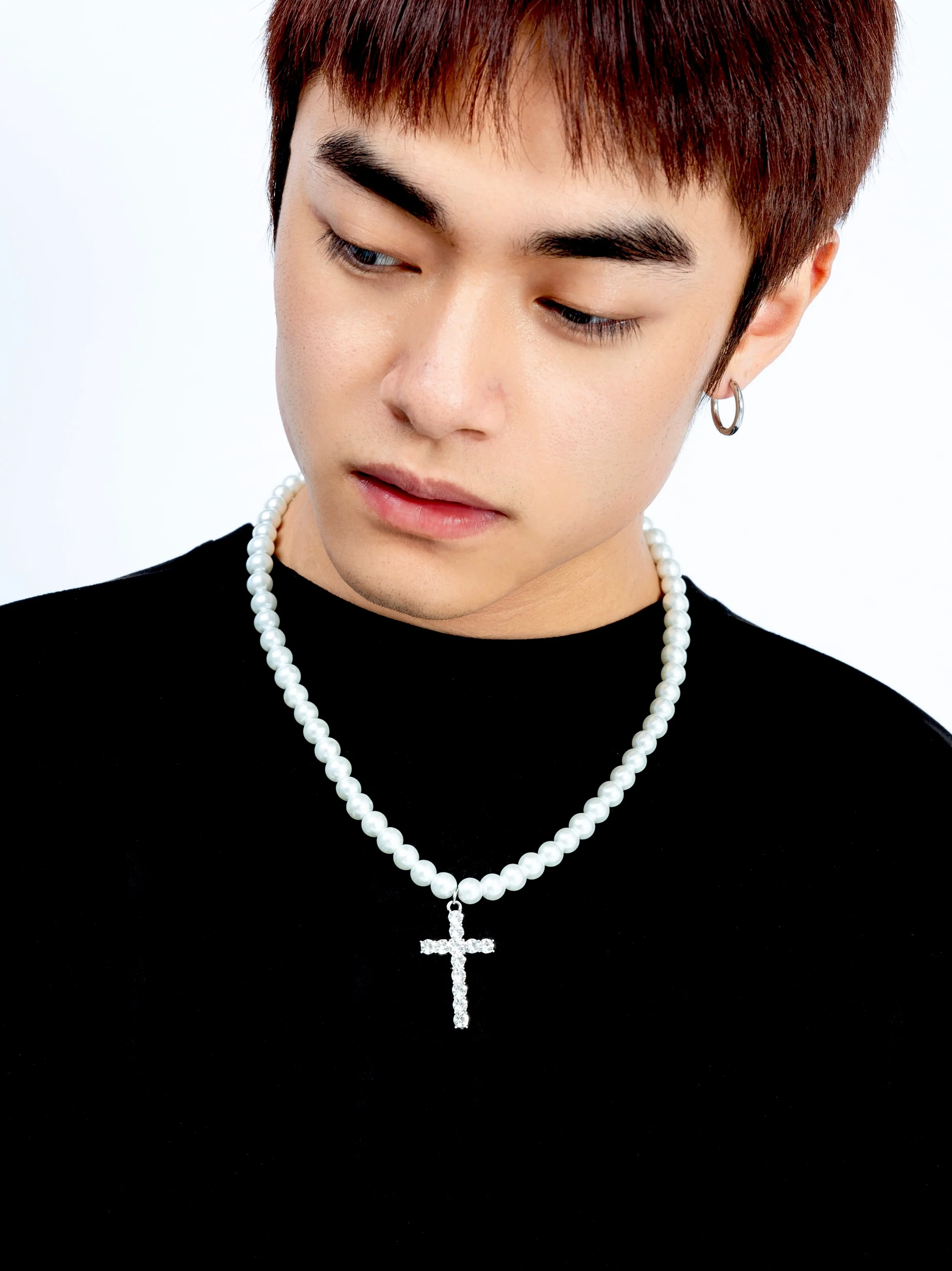 Faux Pearl Necklace with Cross Pendant - Image 3