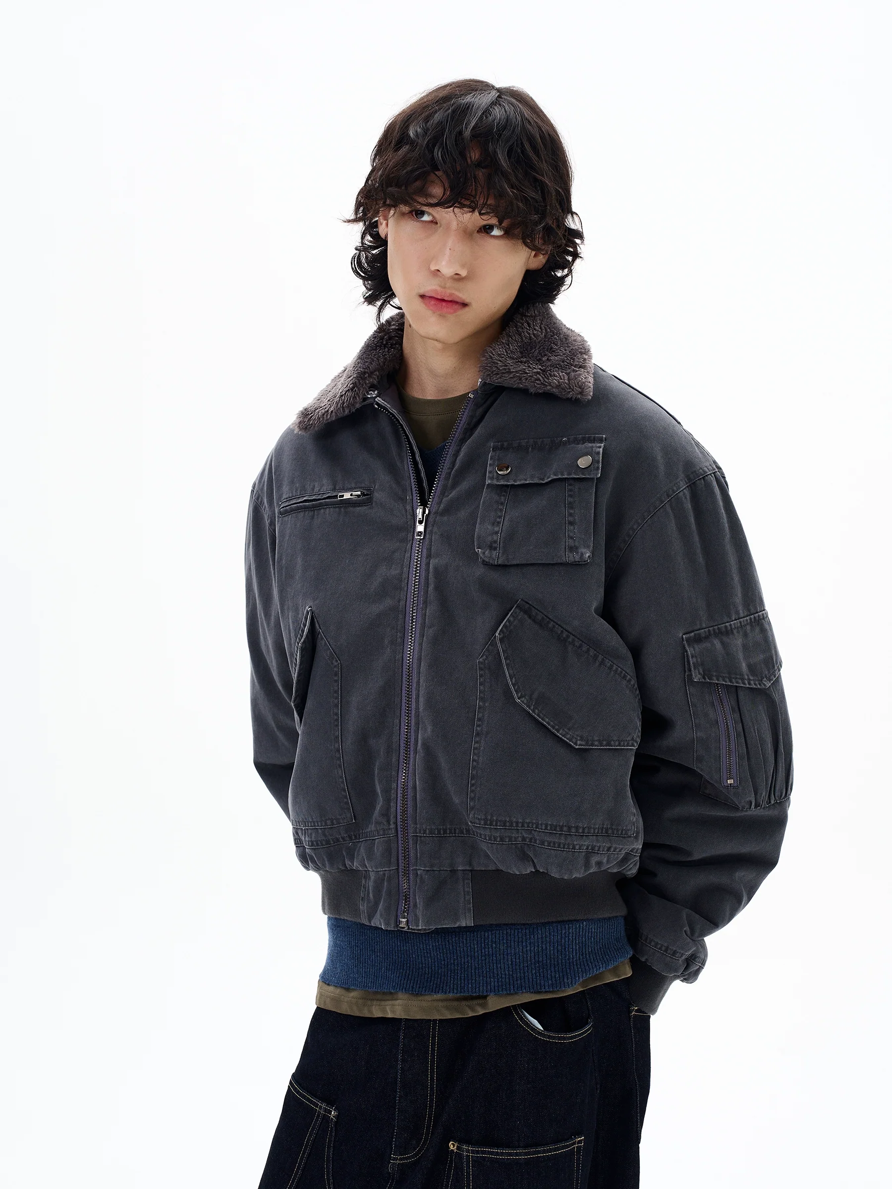 Faux Shearling Collar Worker Bomber Jacket - Image 3