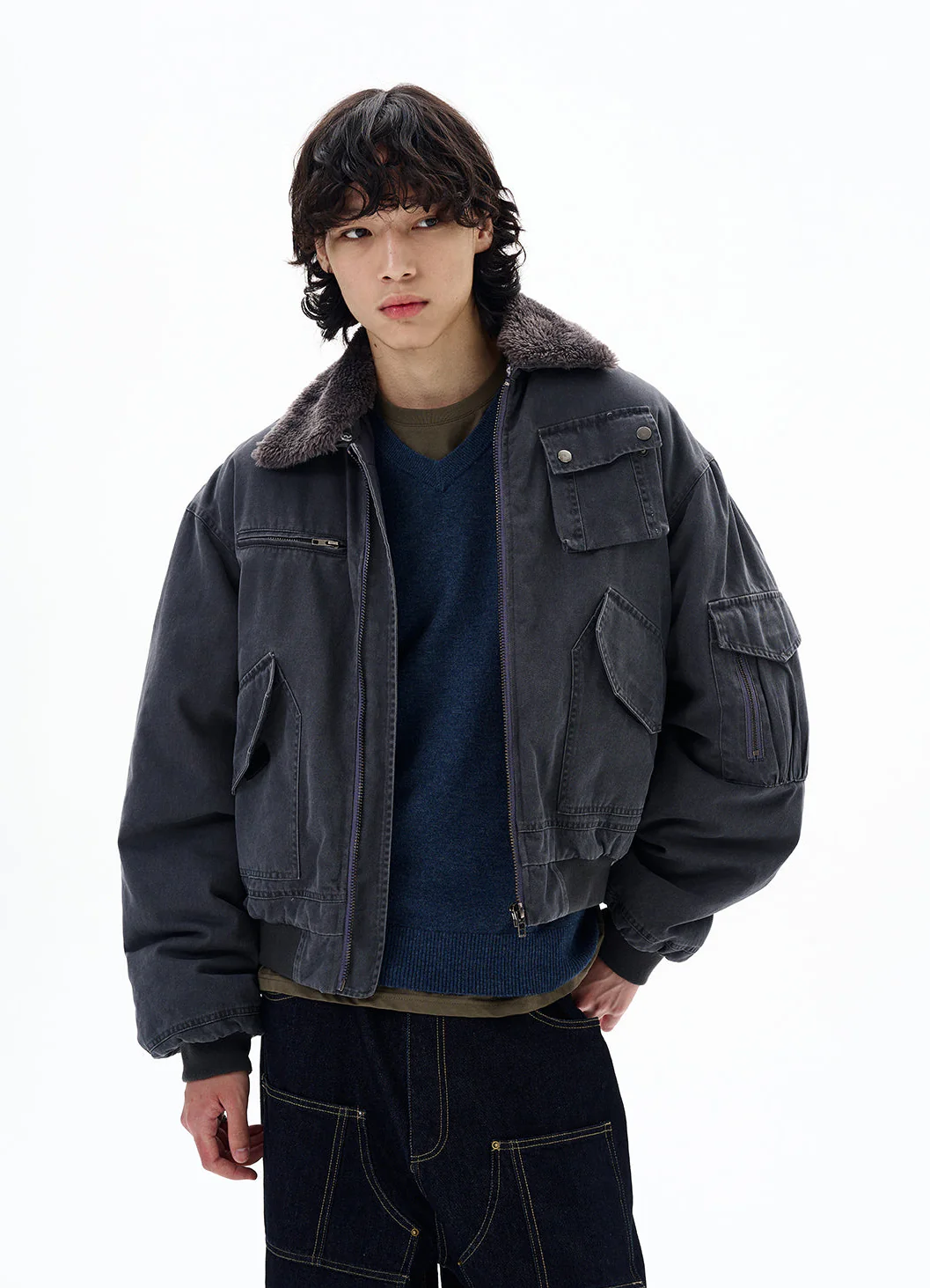 Faux Shearling Collar Worker Bomber Jacket - Image 5