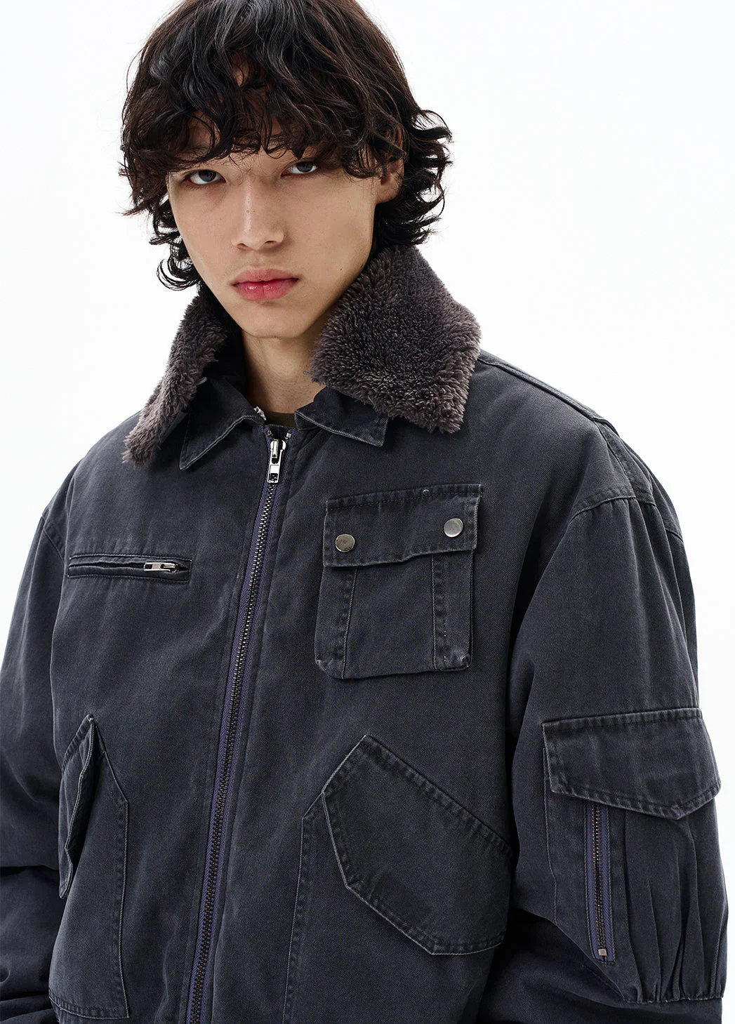 Faux Shearling Collar Worker Bomber Jacket - Image 7