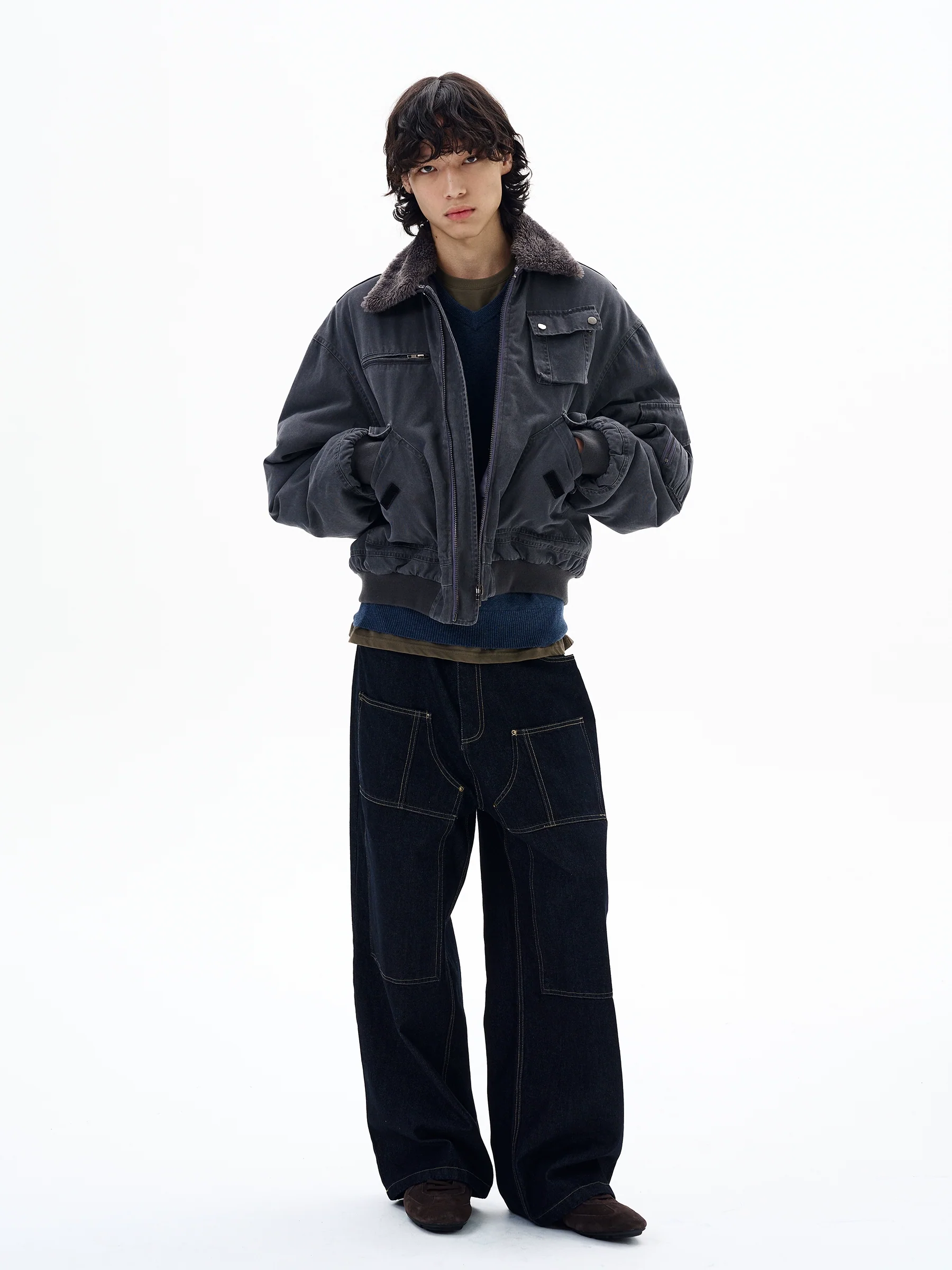 Faux Shearling Collar Worker Bomber Jacket - Image 8