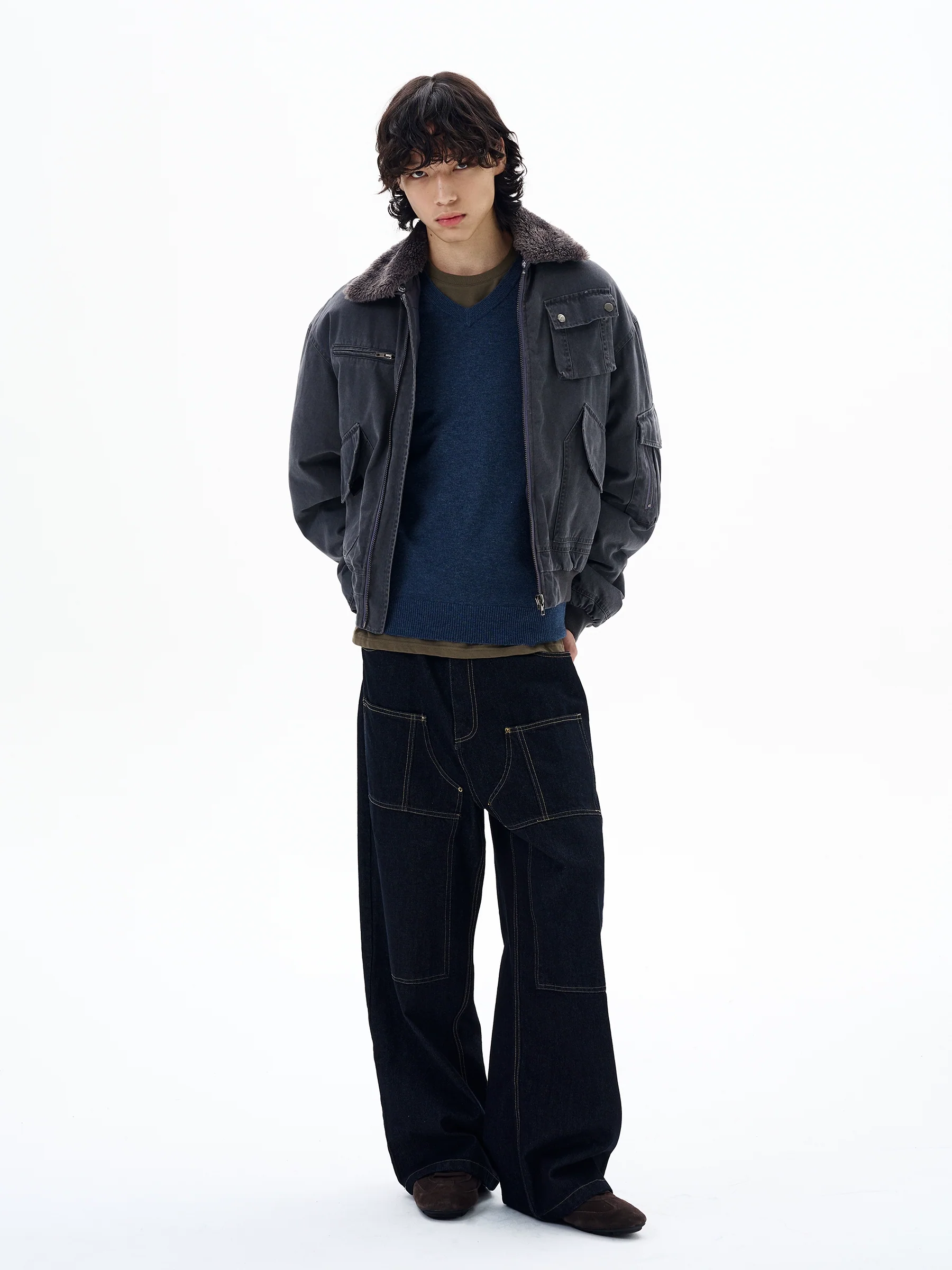 Faux Shearling Collar Worker Bomber Jacket - Image 9