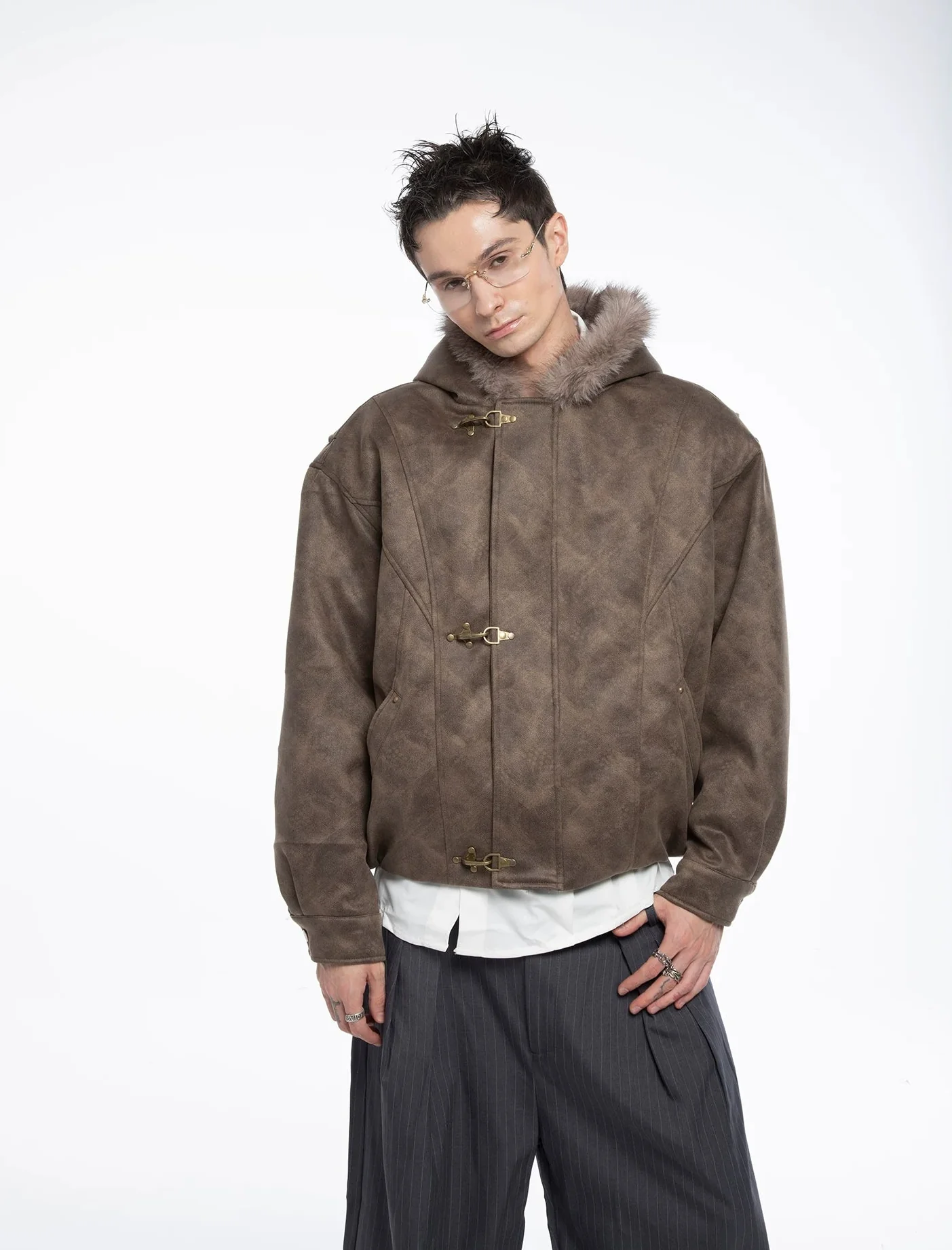 Fireman Buckle Hooded Faux Fur Trim Leather Jacket