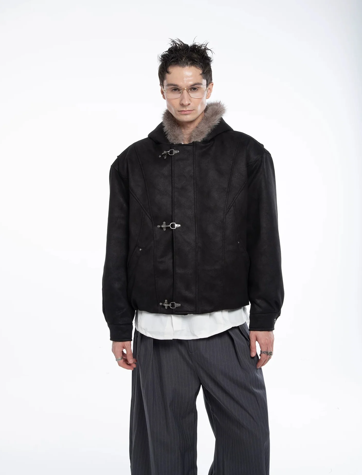 Fireman Buckle Hooded Faux Fur Trim Leather Jacket - Image 6