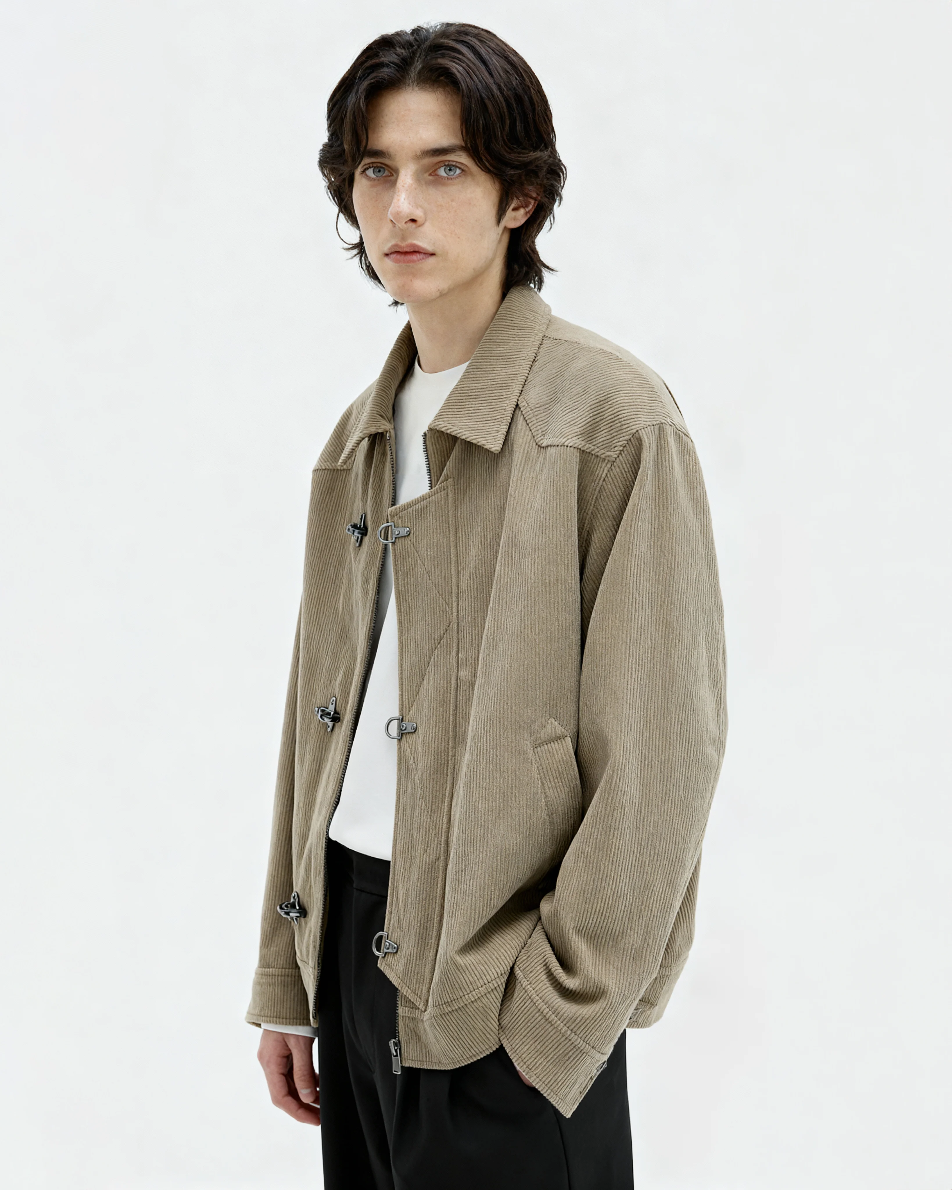 Fireman Clasp-Buckle Corduroy Collared Jacket - Image 11