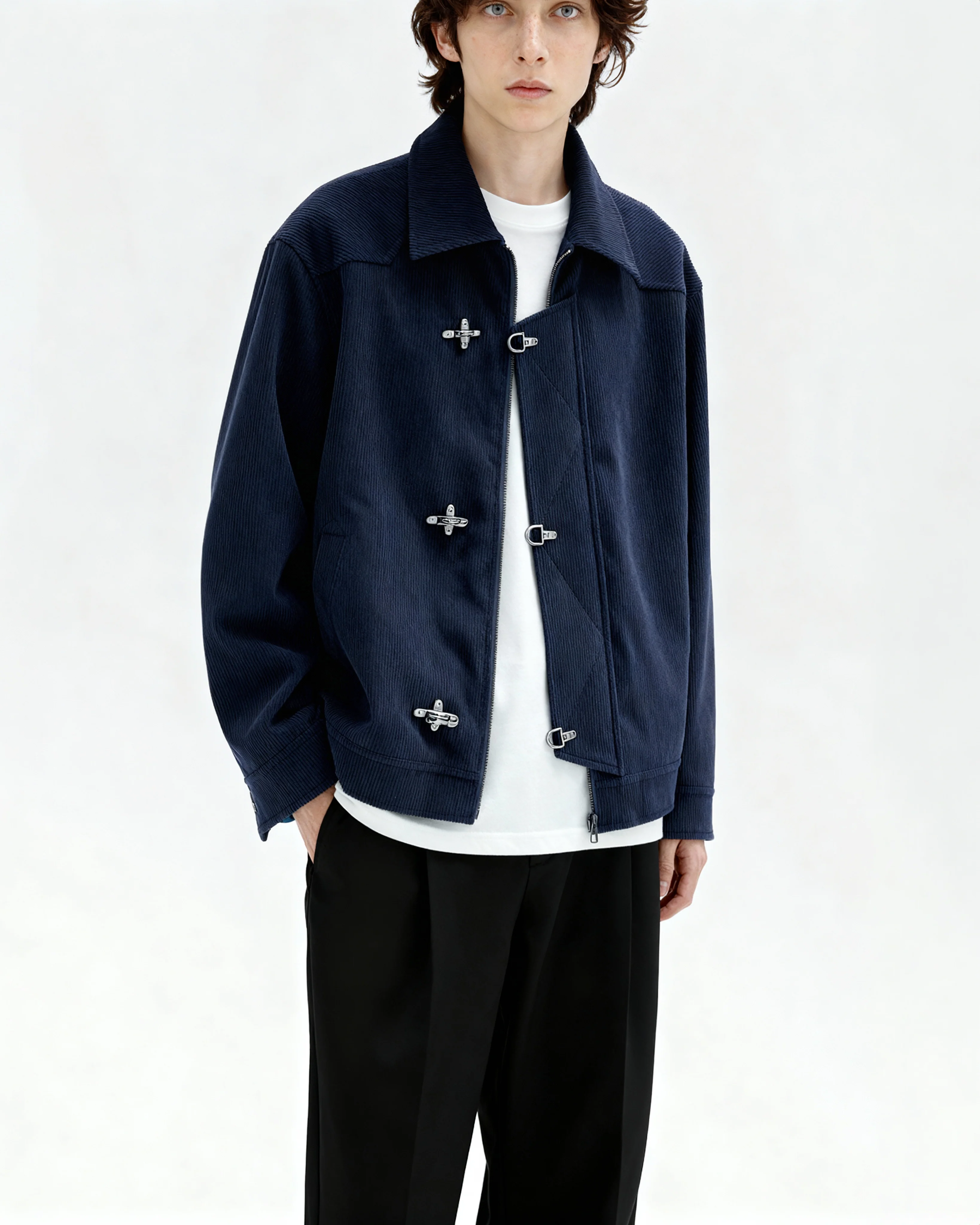 Fireman Clasp-Buckle Corduroy Collared Jacket - Image 6
