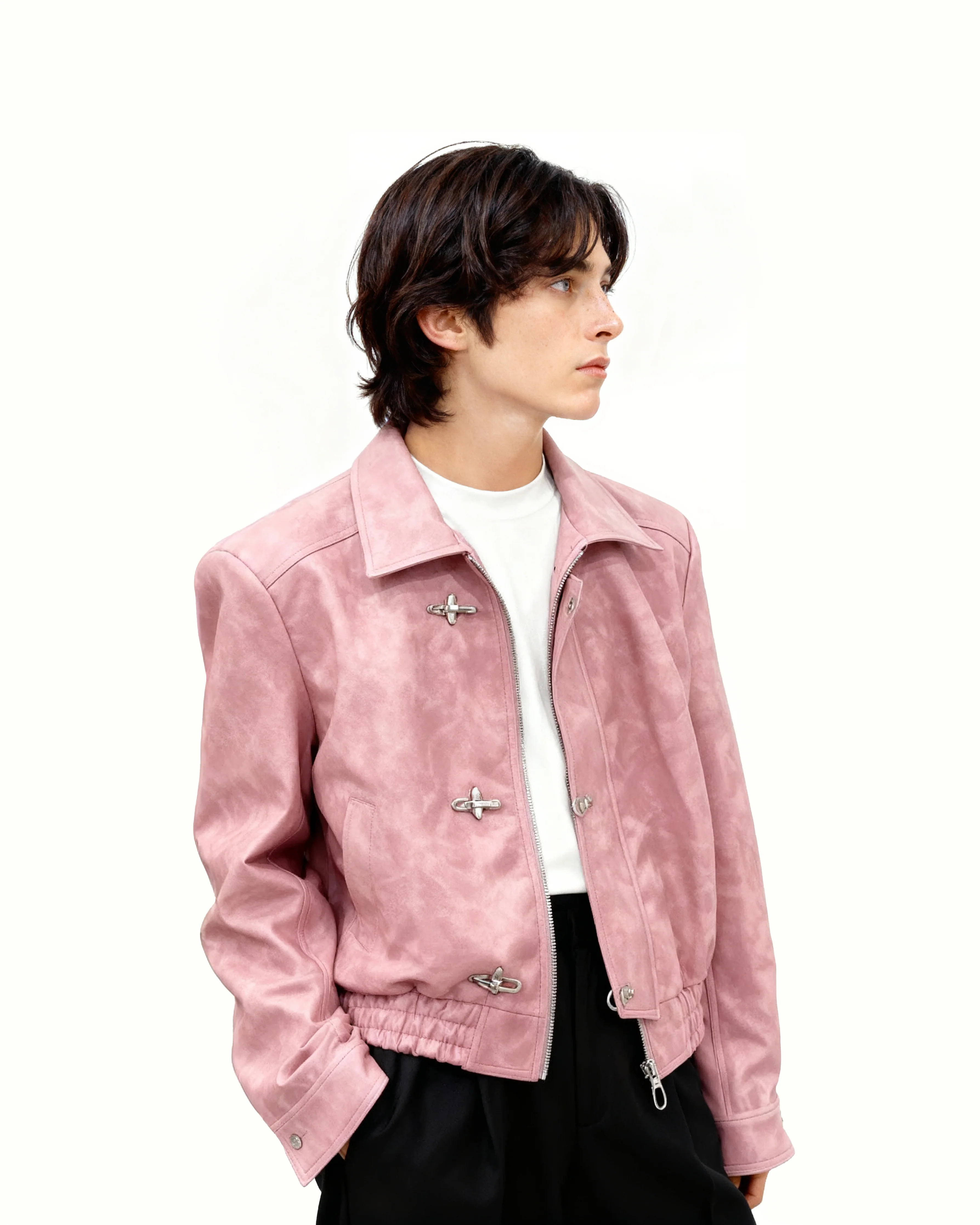 Fireman Clasp-Buckle Faux Leather Collared Jacket - Image 11